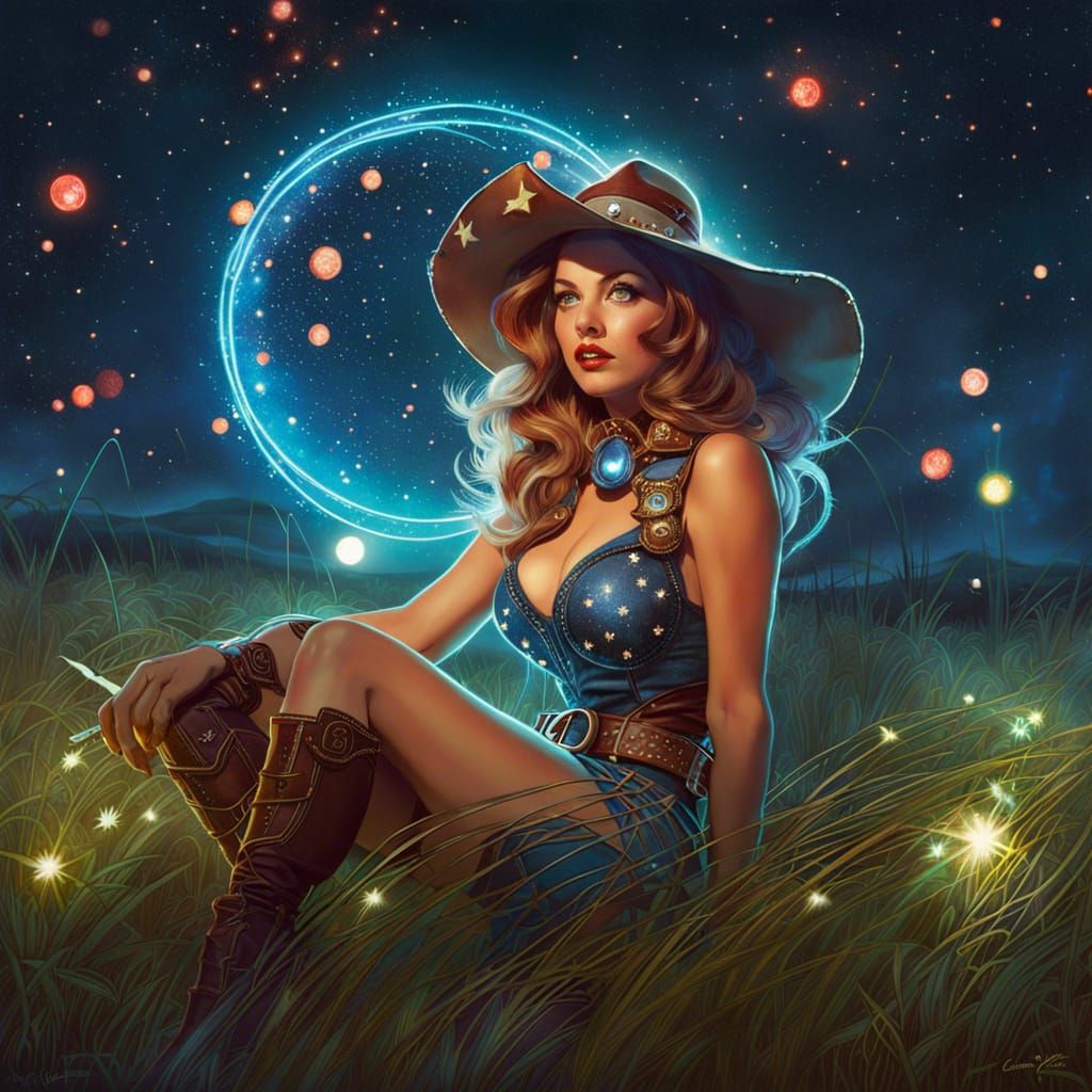Pinup Cowgirl on Alien Range, Digital Art