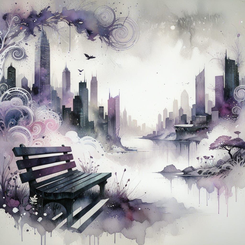 Whimsical City Bench Scene in Watercolor