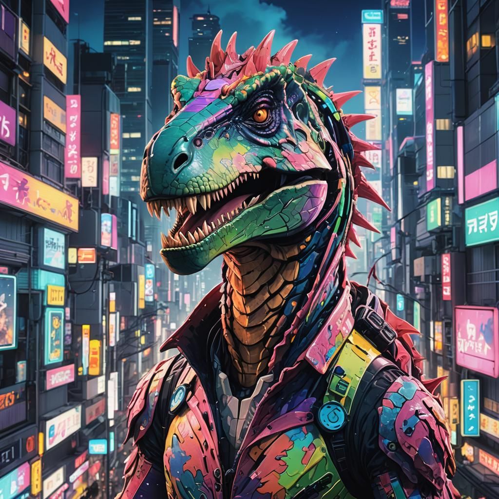 Surreal Anime T-Rex in Dreamlike Tokyo Cityscape