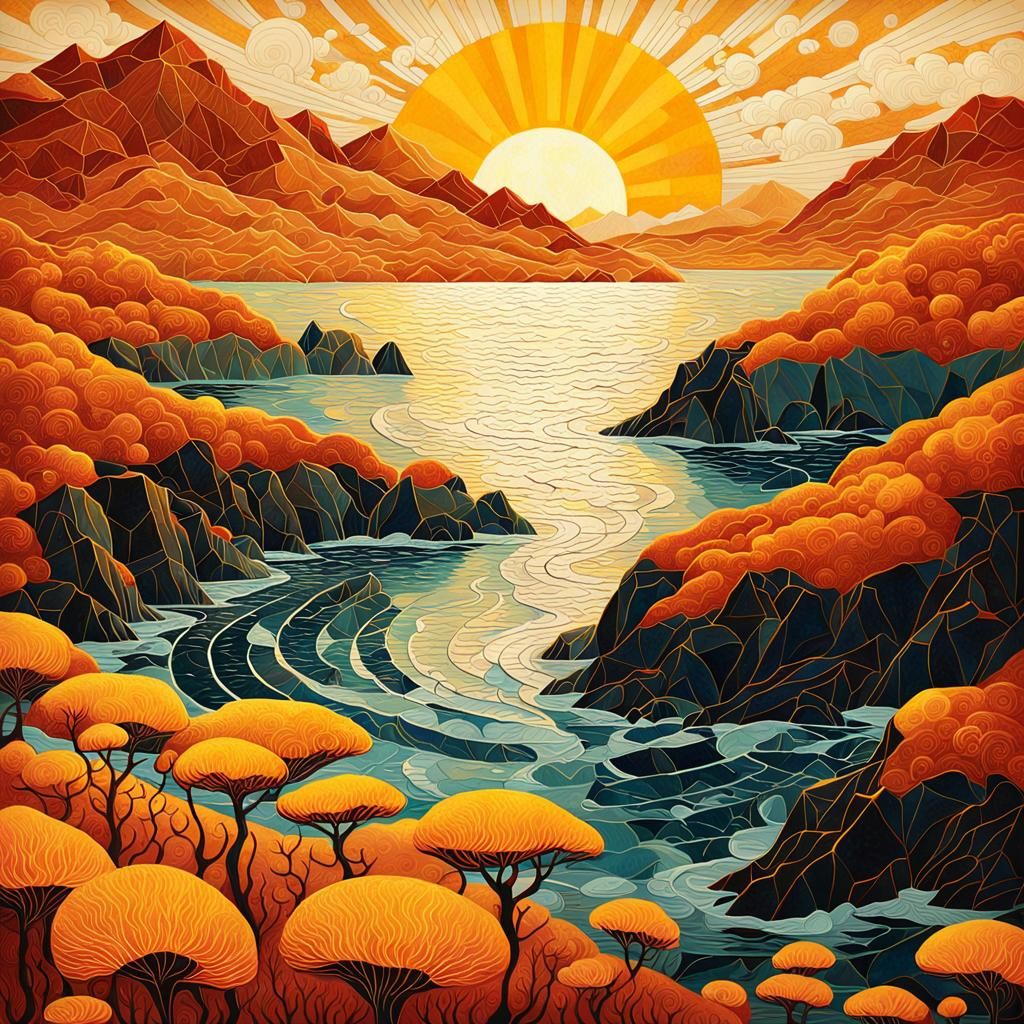 Glowing Seascape at Sunrise: Impressionist Autumnal Colors