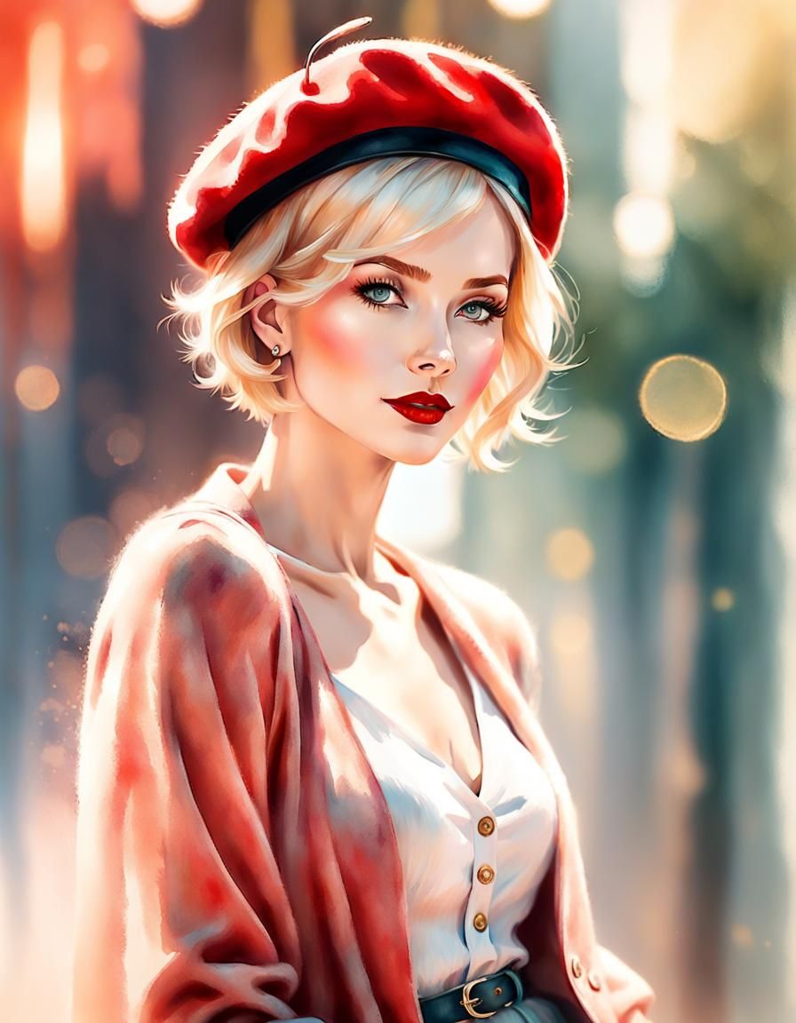 Glamour Portrait of Blonde Woman in Watercolor Style