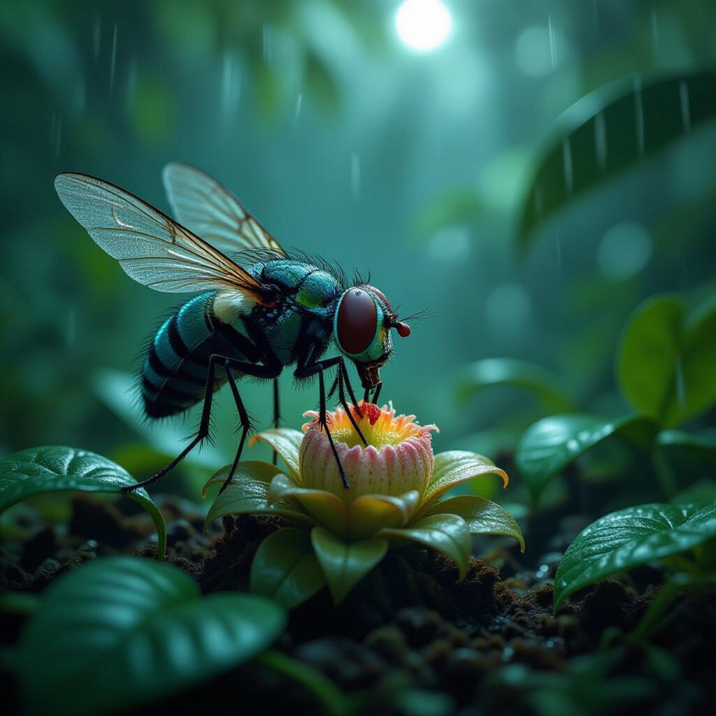Fly Eats Carnivorous Plant in Moonlit Rainforest