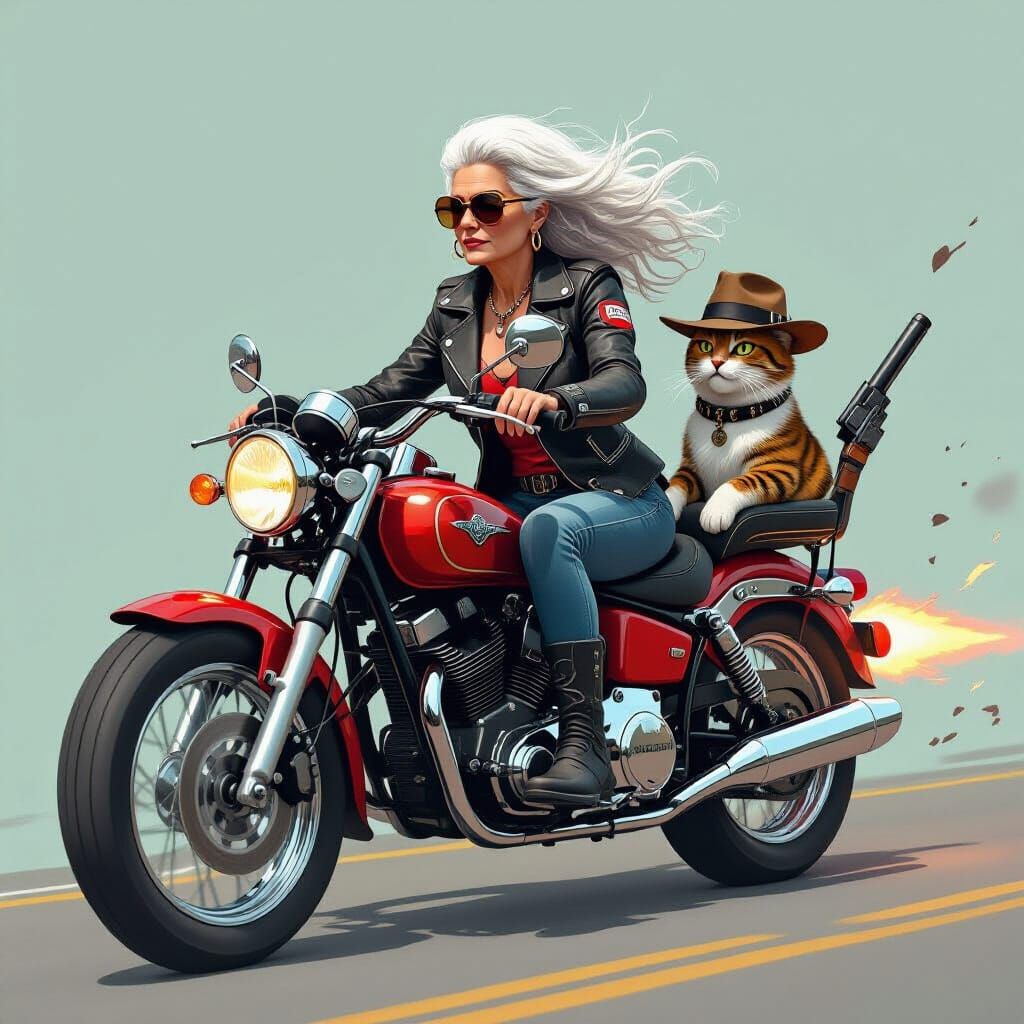 Mama Yaga Rides a Rocket Bike in Cyberpunk Style