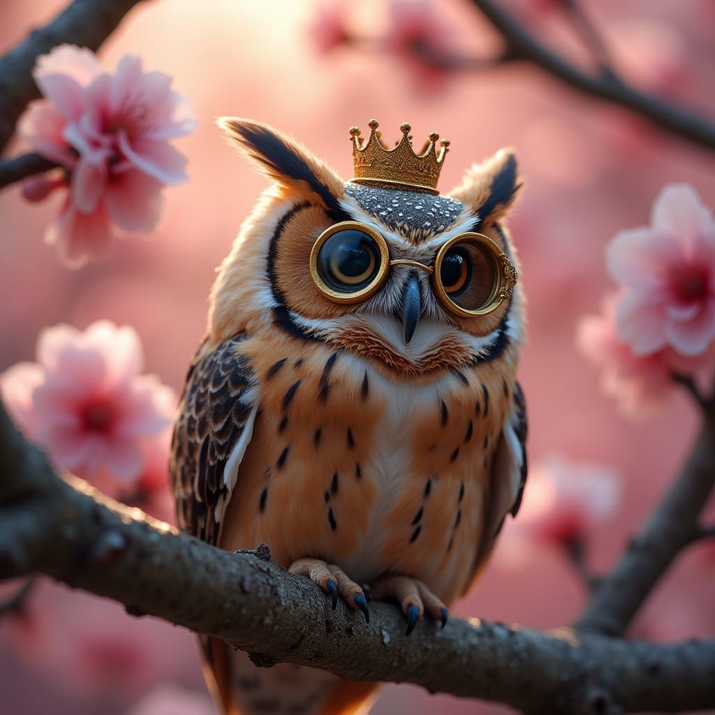 Steampunk Owl with Crown in Cherry Blossom Orchard