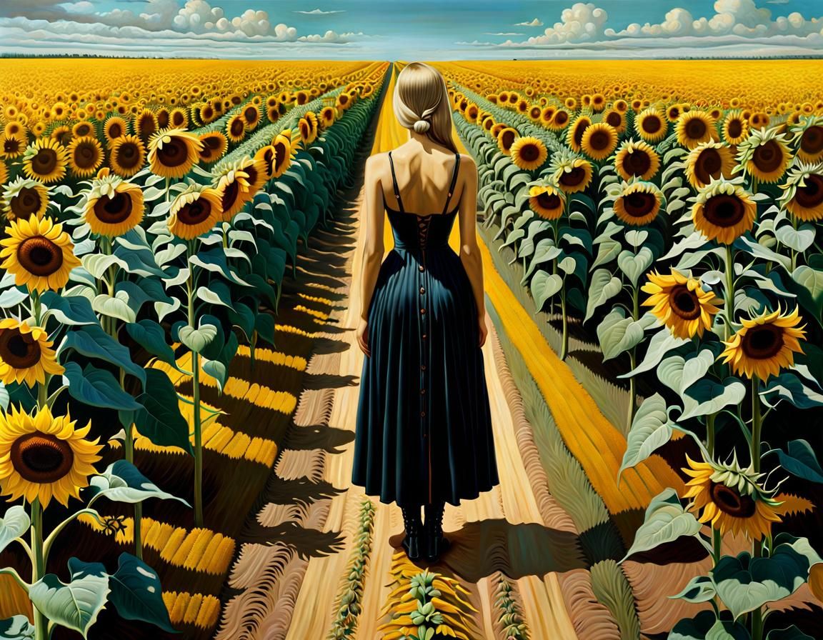 Woman in Sunflower Field: Surreal Maximalist Oil Painting