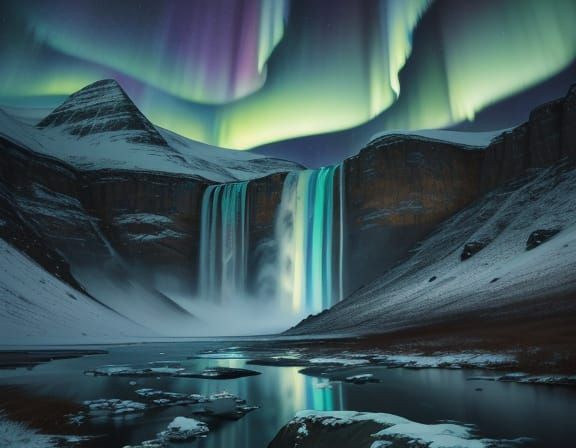 Arctic Waterfall Under Aurora Borealis: Oil Painting