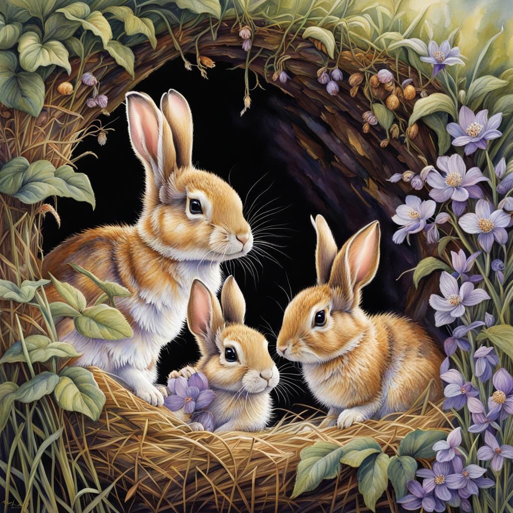 Baby Rabbits Explore Den in Violet Light
