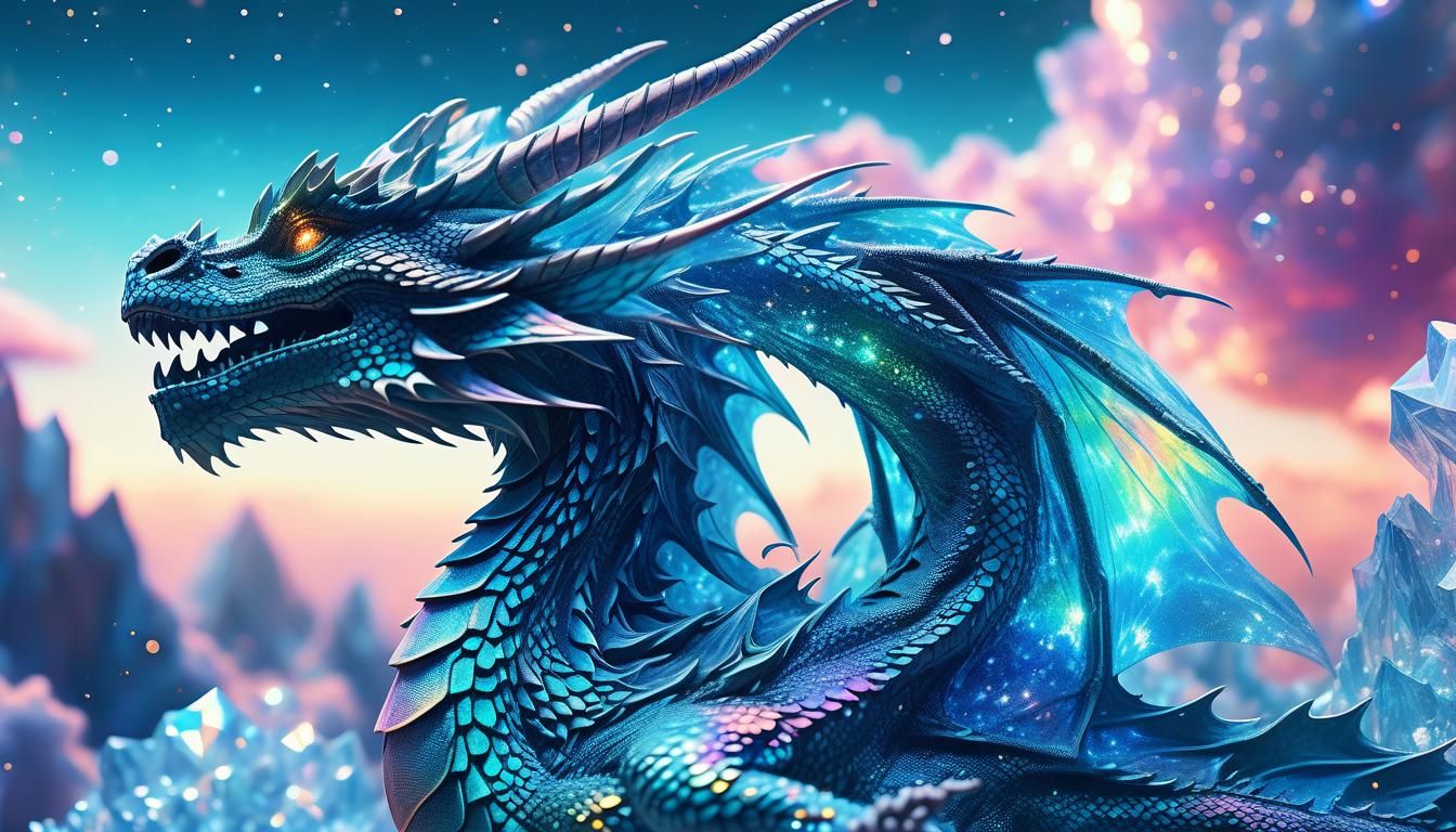 Crystal Dragon Sails Azure Sky: Cosmic Illustration