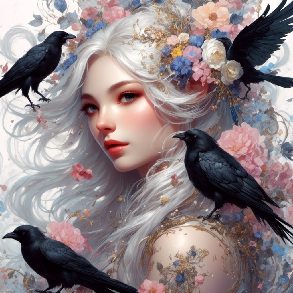 Floral Fairy Girl Rides Crow with Glitter