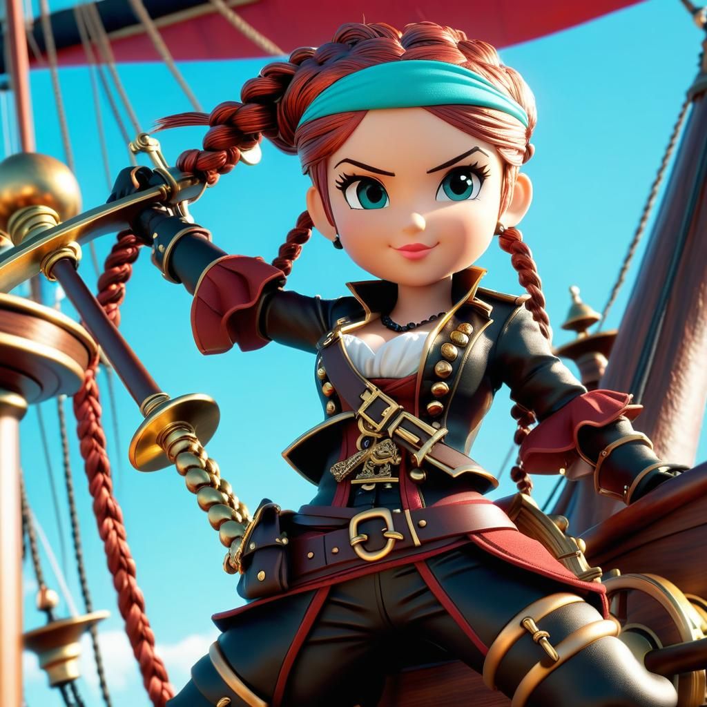 Steampunk Chibi Pirate Maiden Defies Gravity in Vibrant Skie...
