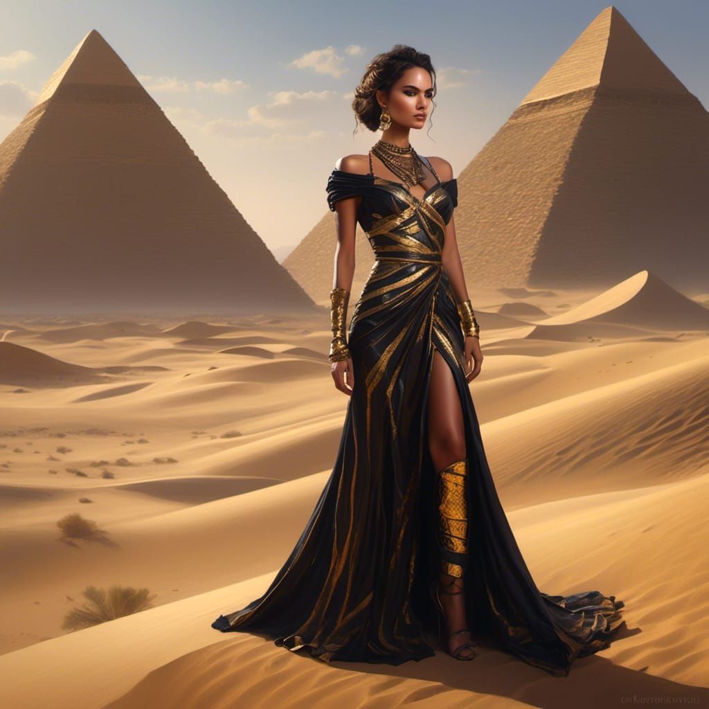 Egyptian Desert Woman in Black and Gold Dress