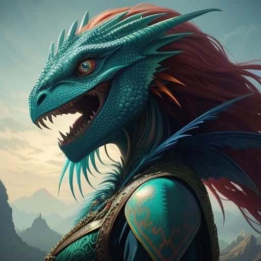 Dragon Woman Portrait with Peacock Feathers and Scales