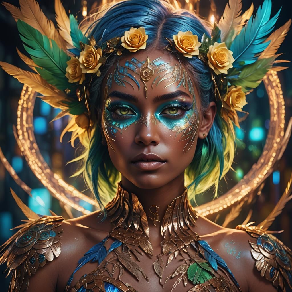 Woman with Metallic Skin and Colorful Feathers