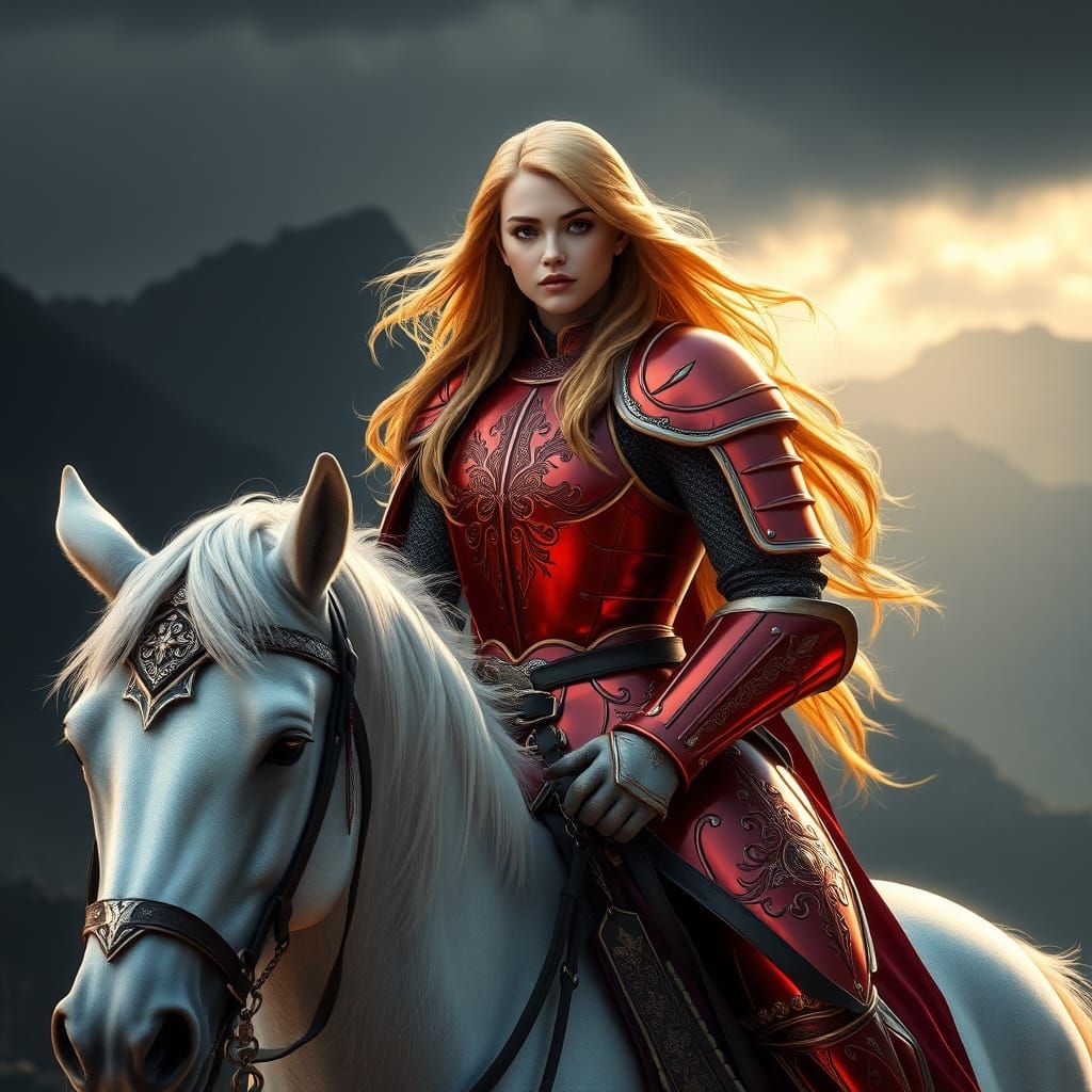 Regal Girl Knight in Crimson Armor Rides Majestic White Stal...