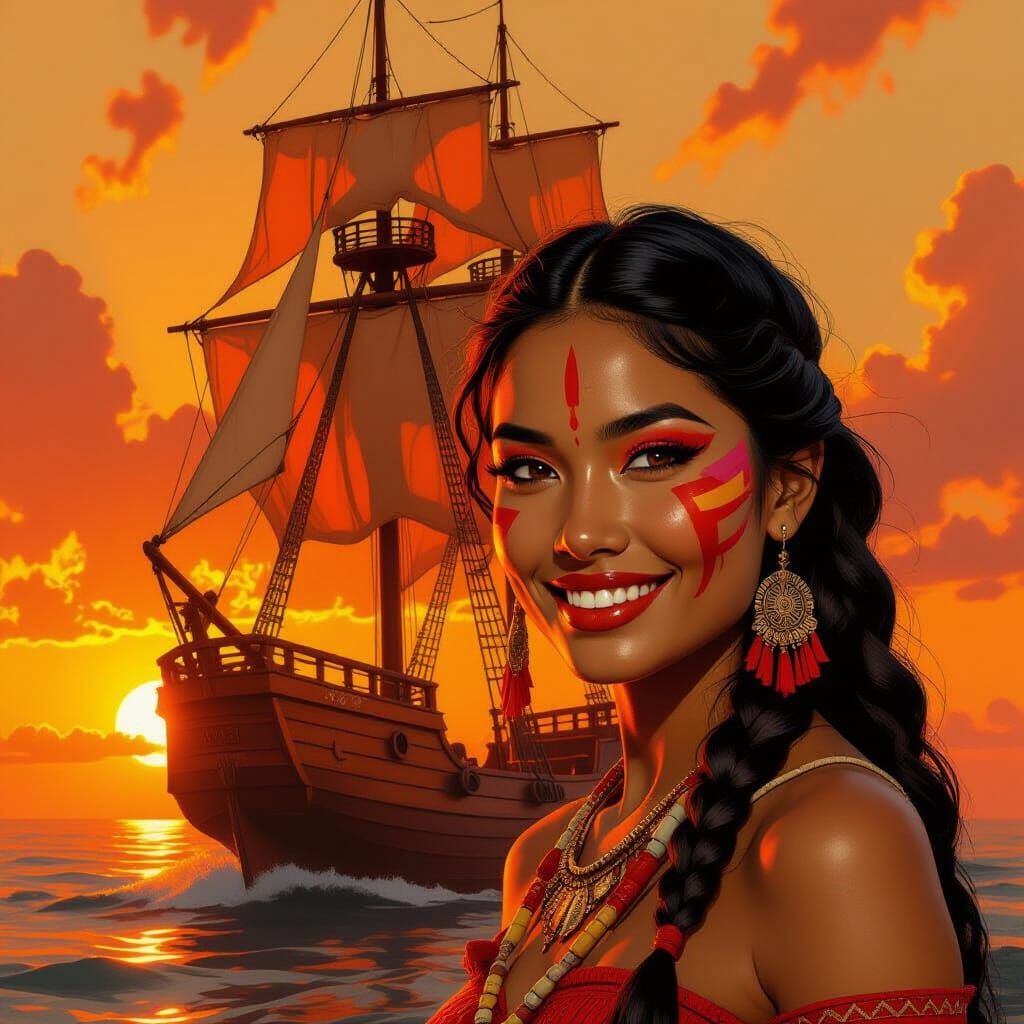 Colossal Orange Ship at Sunset with Tribal Woman