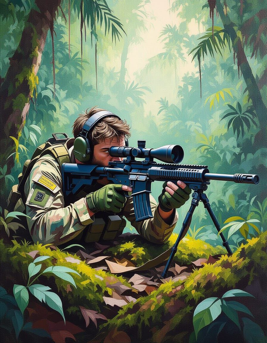 Camouflaged Sniper in Jungle Gouache Painting