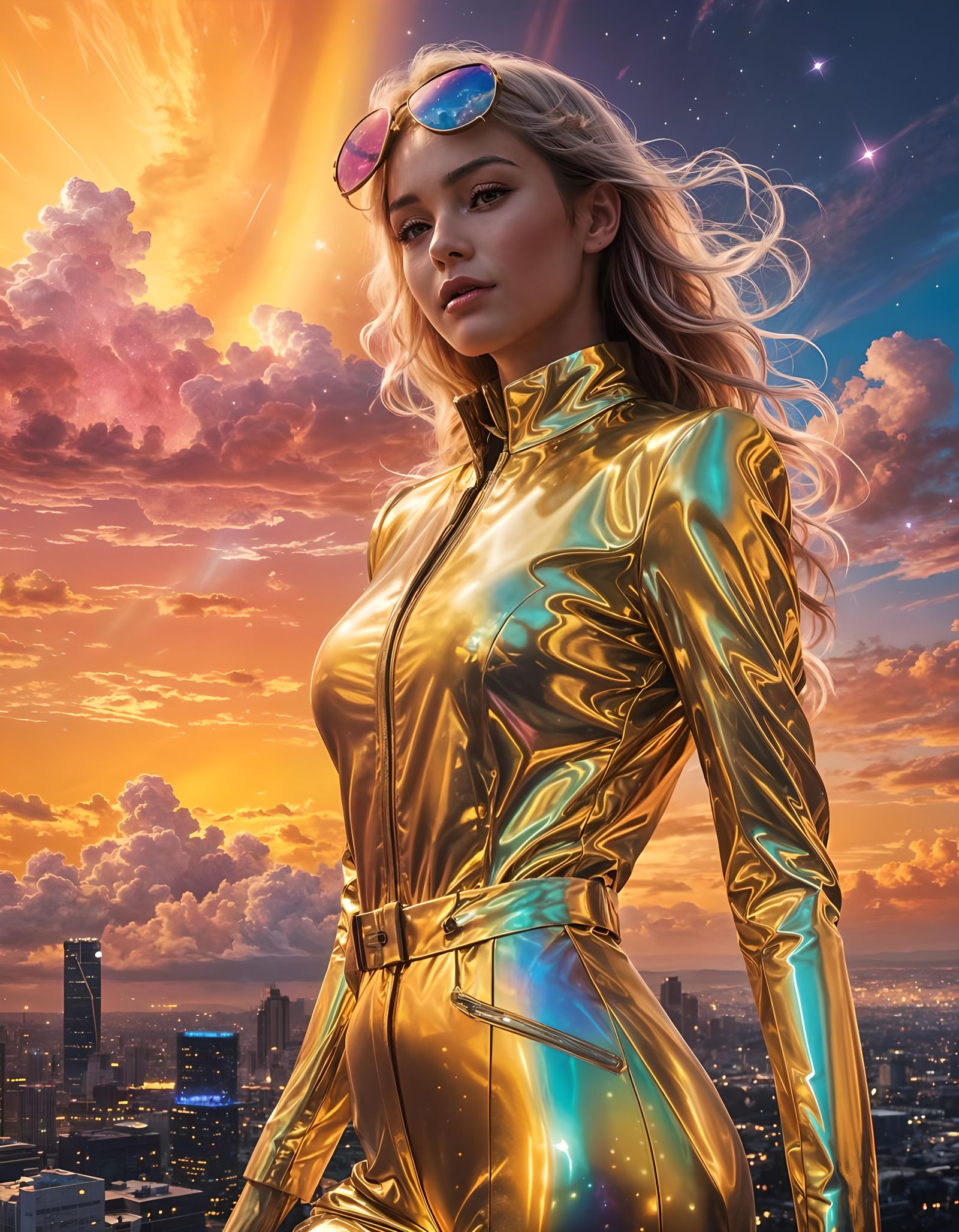 Woman in Holographic Suit with Neon Rainbow Sky