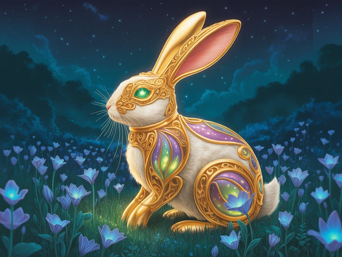 Golden Rabbit with Emerald Eyes in Bioluminescent Field