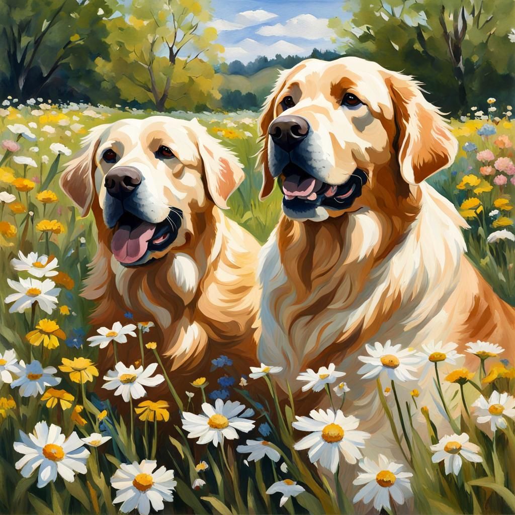 Labradors and Retriever Play in Floral Field: Impasto Gouach...