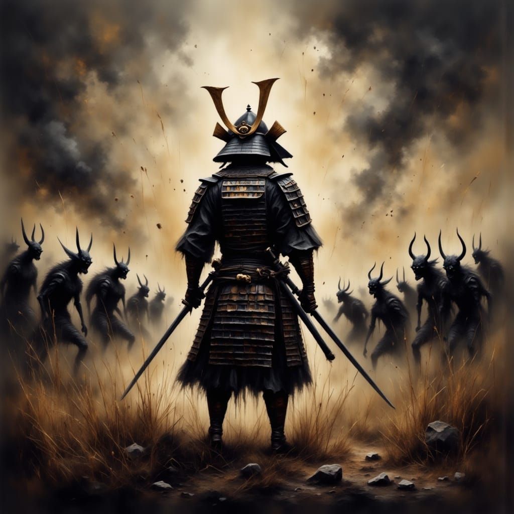Samurai Facing Demon Horde in Grungy Landscape