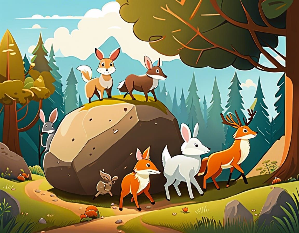 Cute Forest Animals Teamwork Moving Boulder