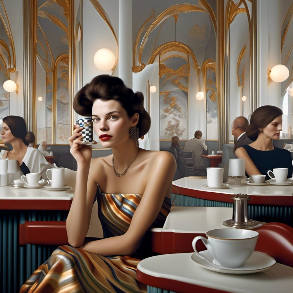 Photorealistic Portrait of Woman in Cafe with 3D Art