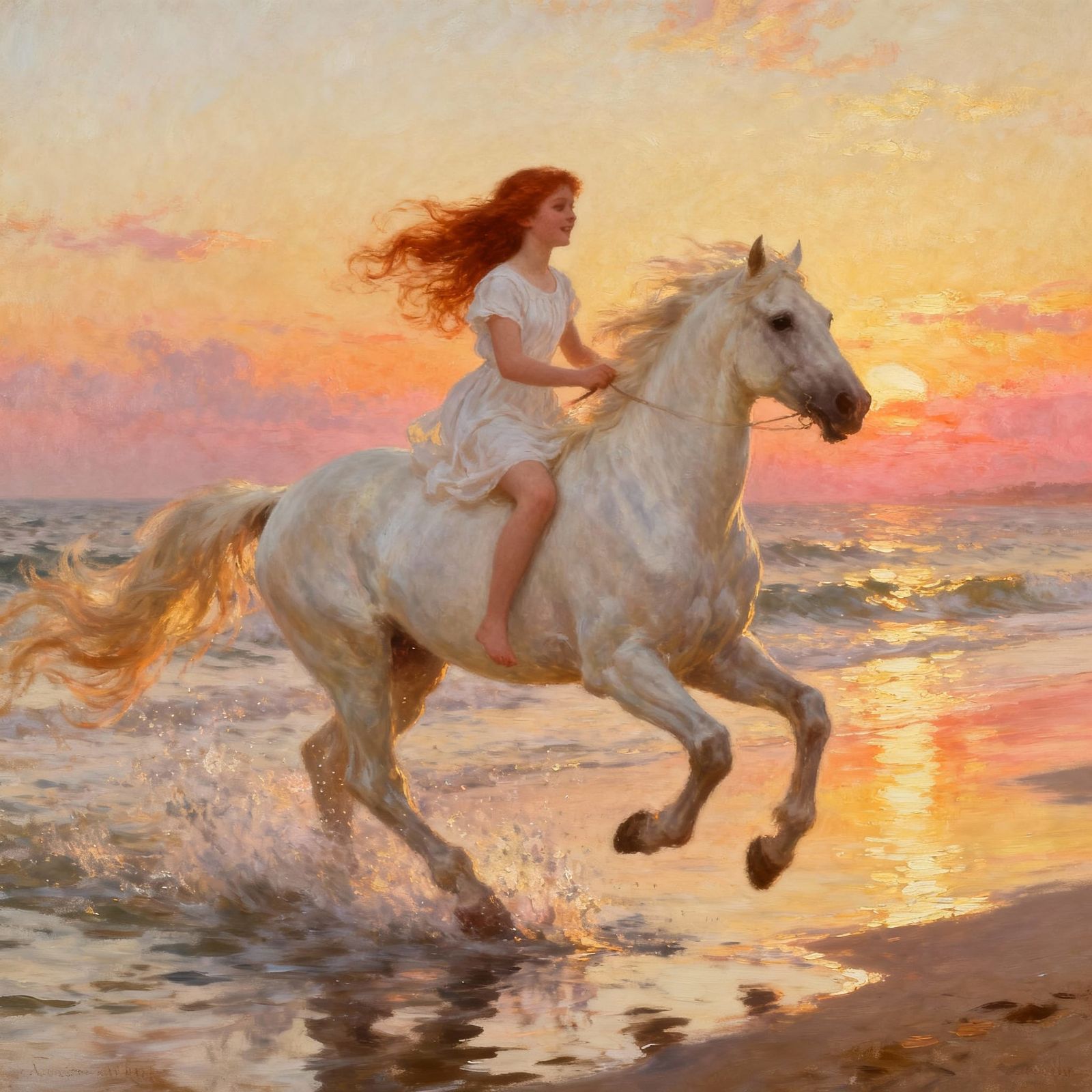 Girl Galloping Horse on Sea Shore at Golden Hour