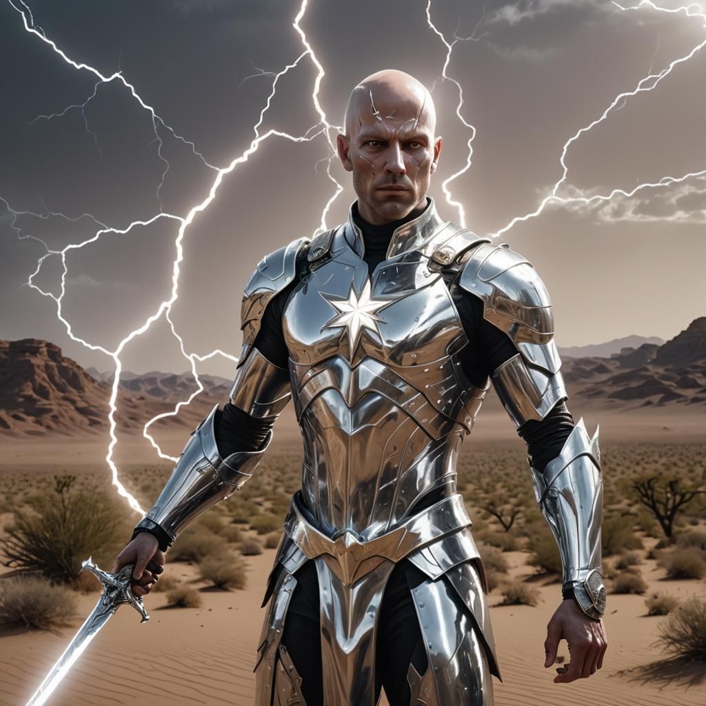 Chrome Warrior Wields Lightning Sword in Desert Sunset