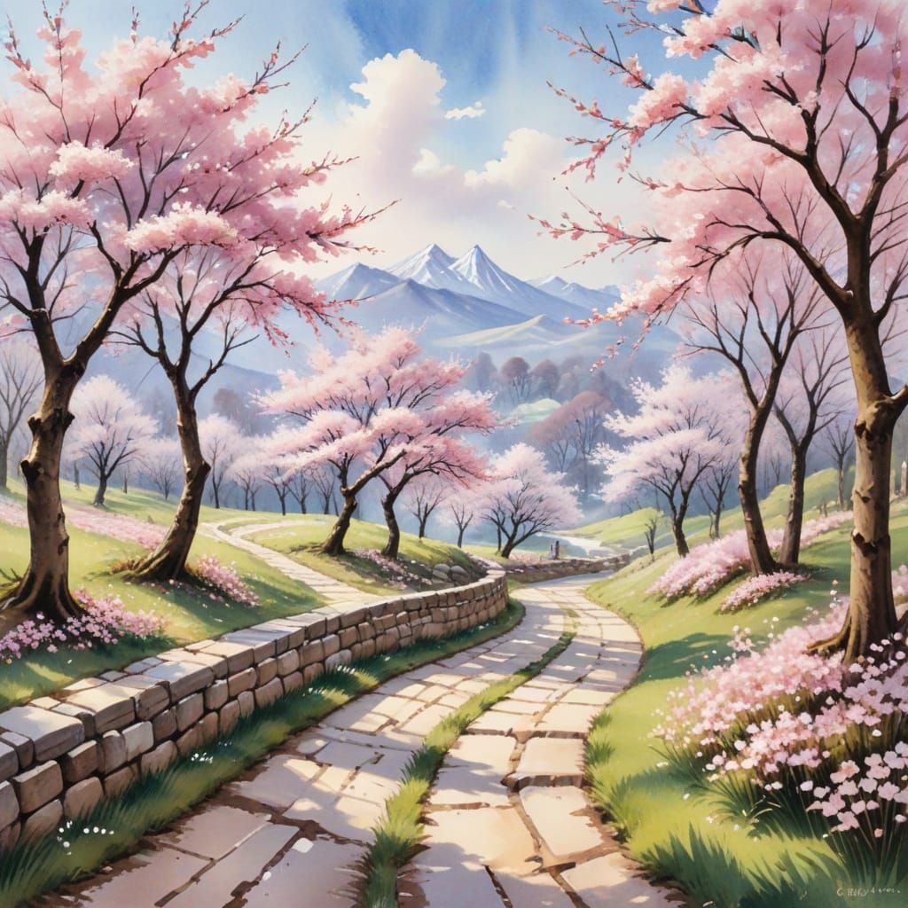 Romantic Cherry Blossom Scene in Watercolour Style