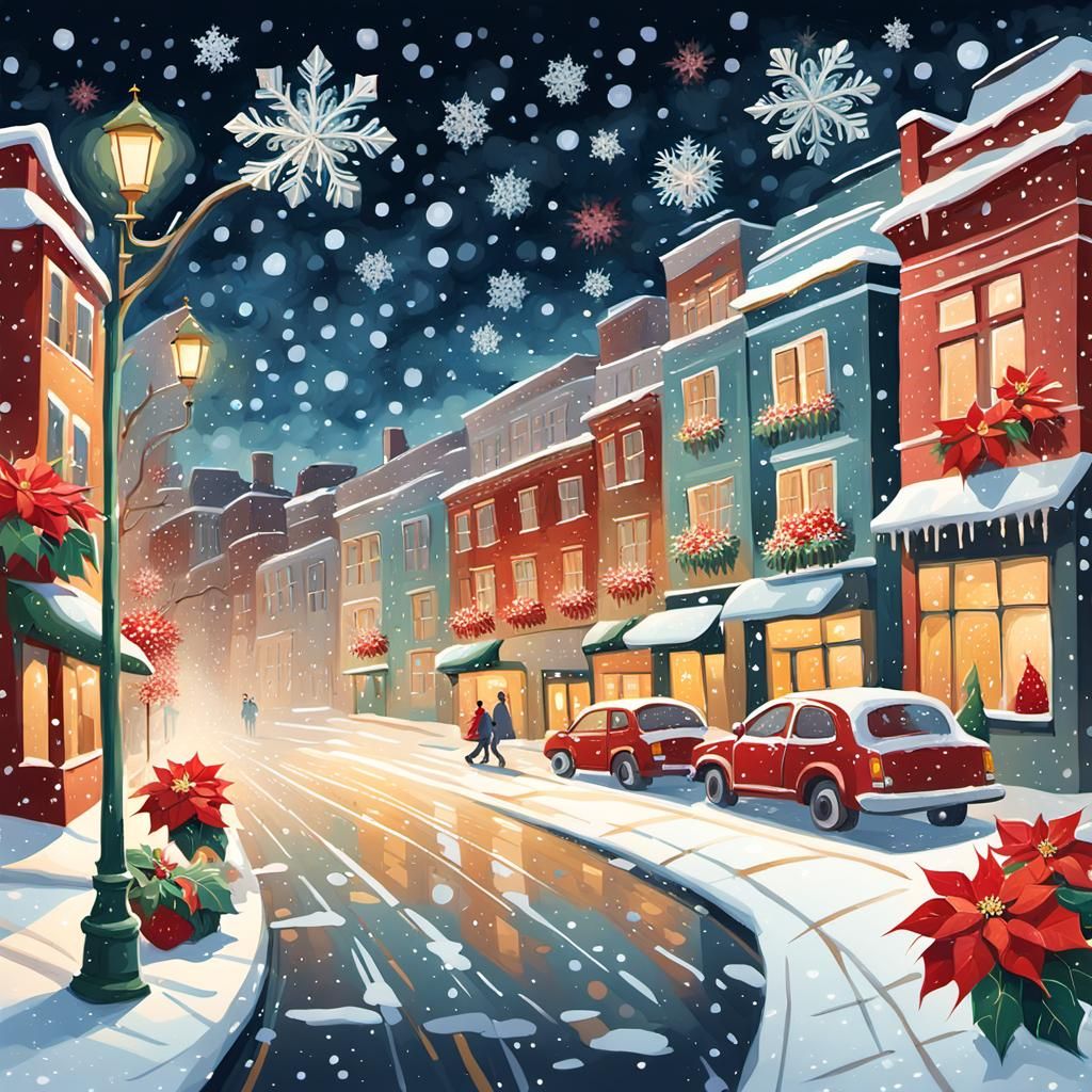 Festive City Street in Gouache Painting Style