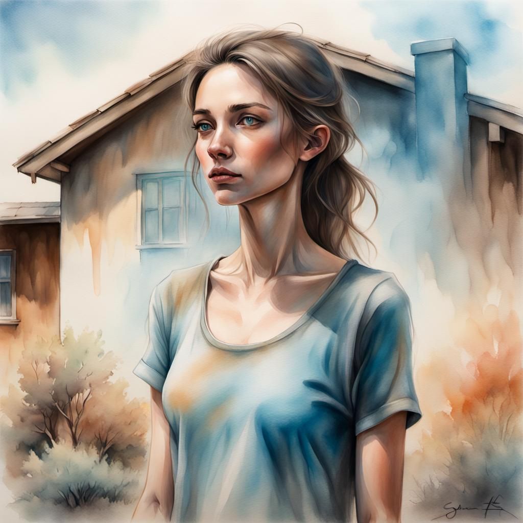 Ethereal Woman in Watercolor Landscape, Pyrography Style