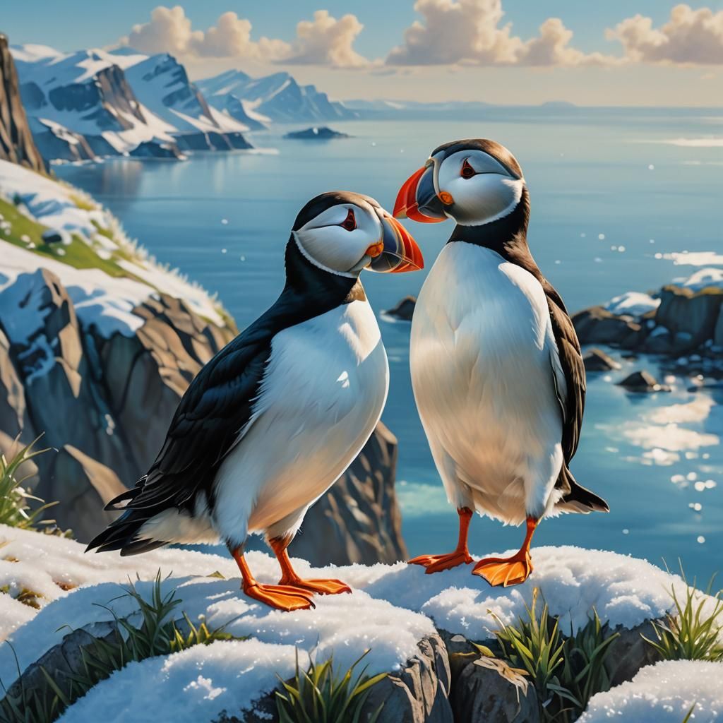 Puffins in Crystal Art on Snowy Cliff