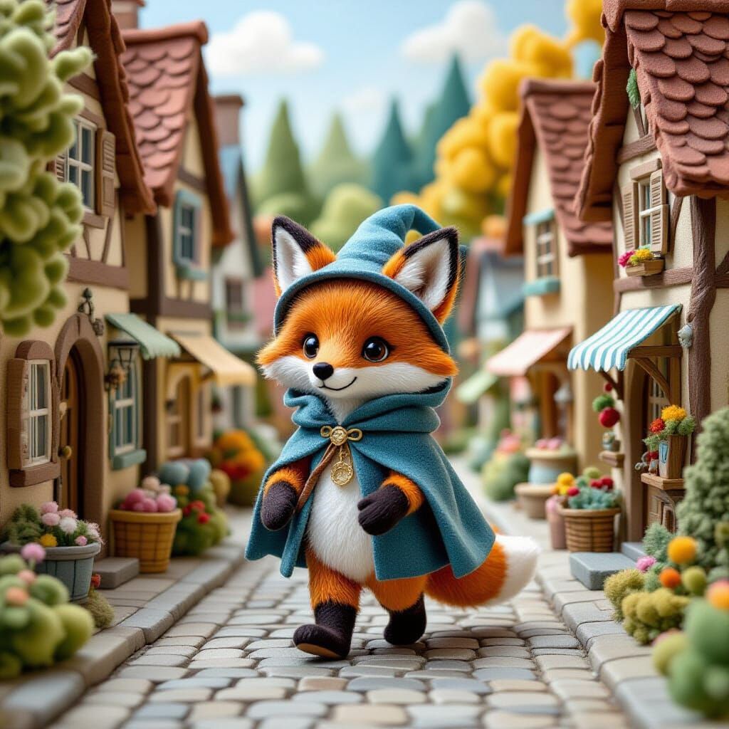 Charming Felt Fox in Medieval Village