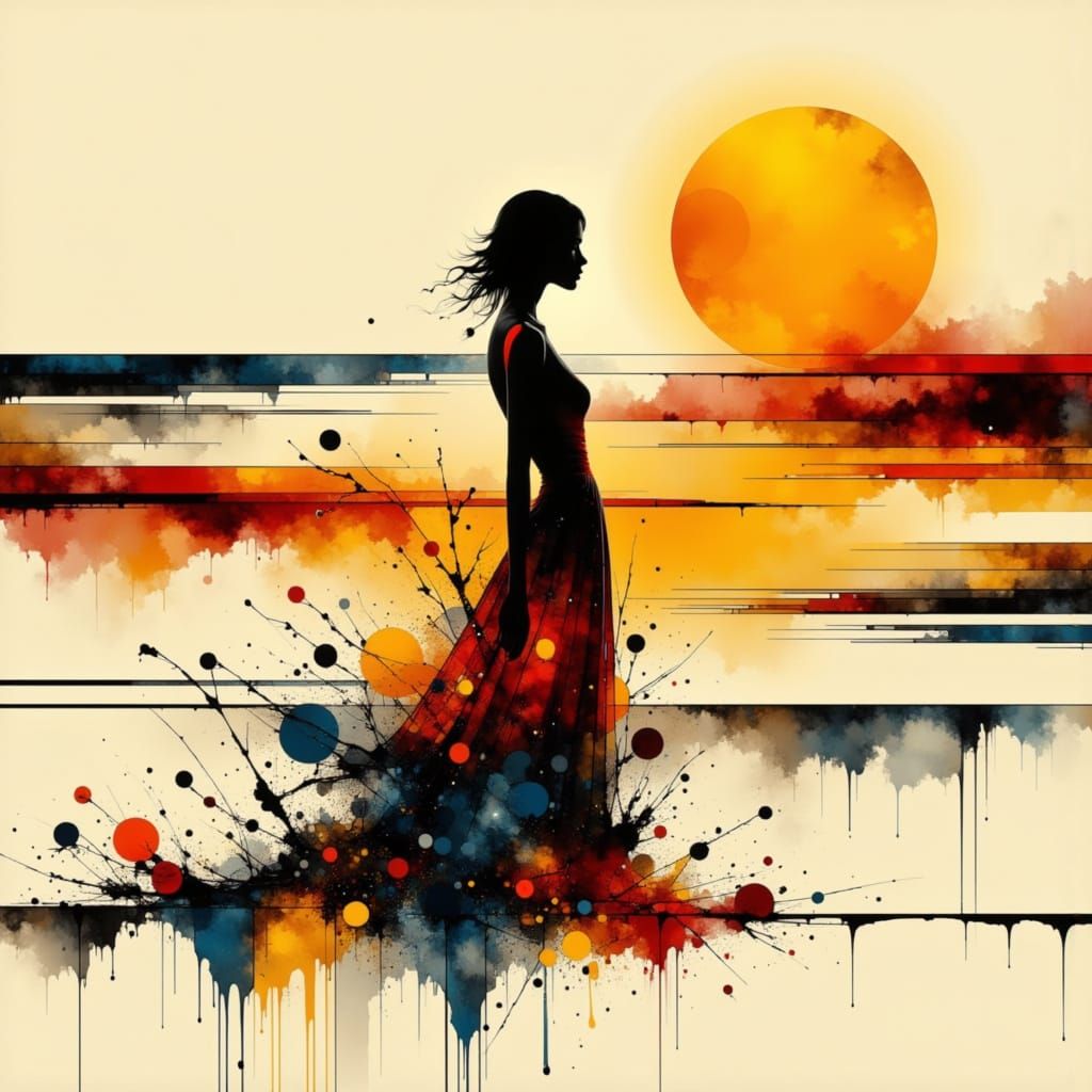 Abstract Woman in Splattered Paint Dress