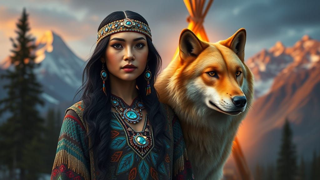 Regal Native American Woman Stands Beside Majestic Gold Wolf...