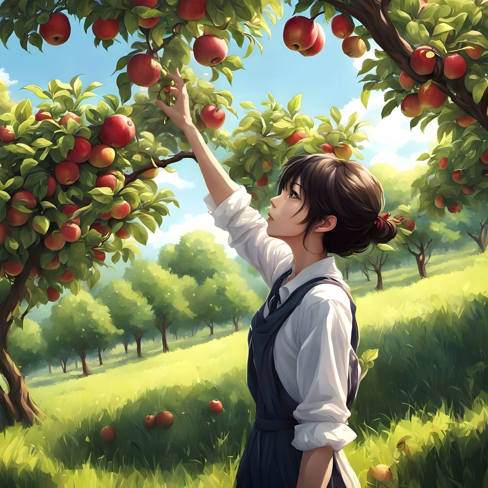 Young Girl Reaches for a Juicy Apple Under a Vibrant Tree