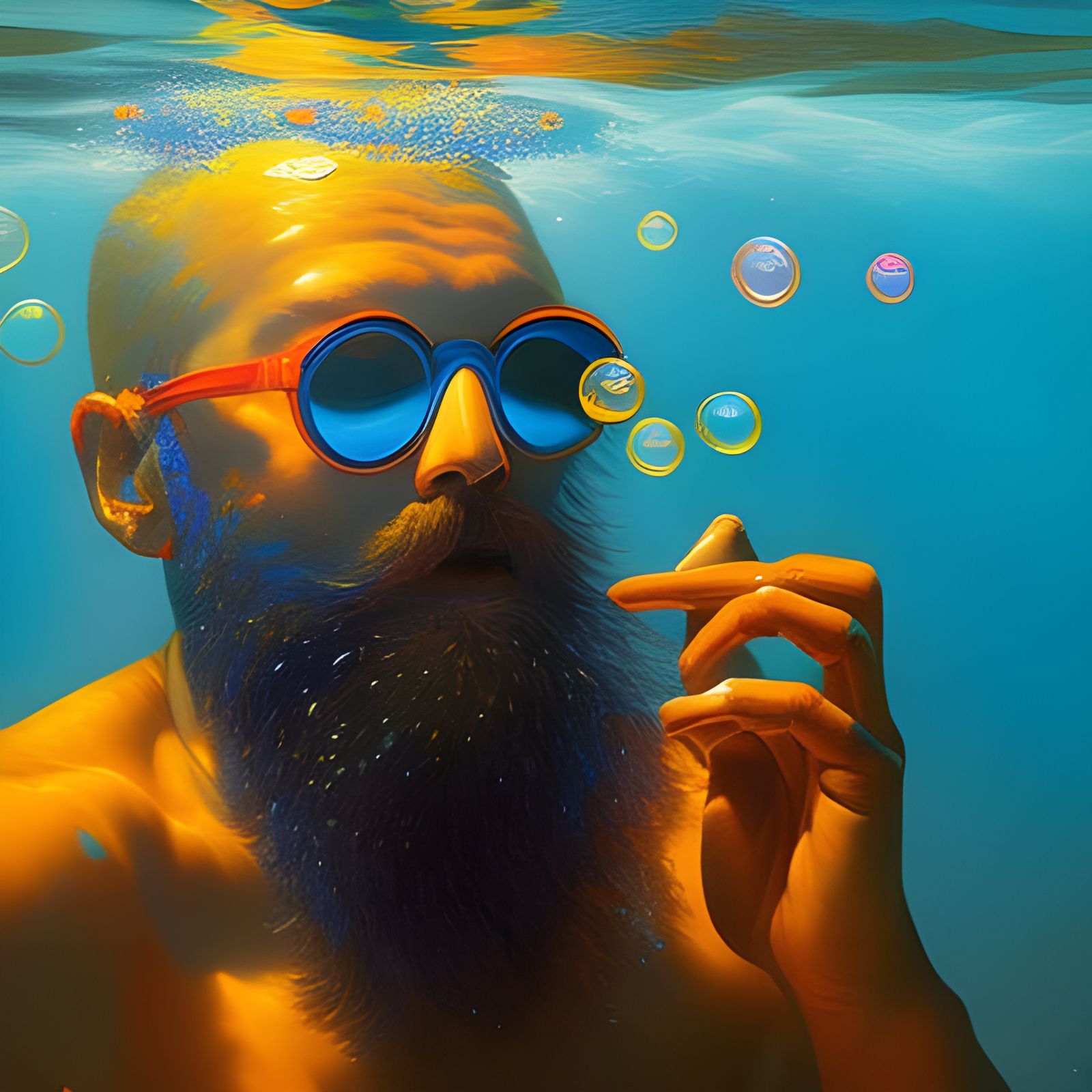 Bearded Man Underwater in Sunlight, Oil Painting