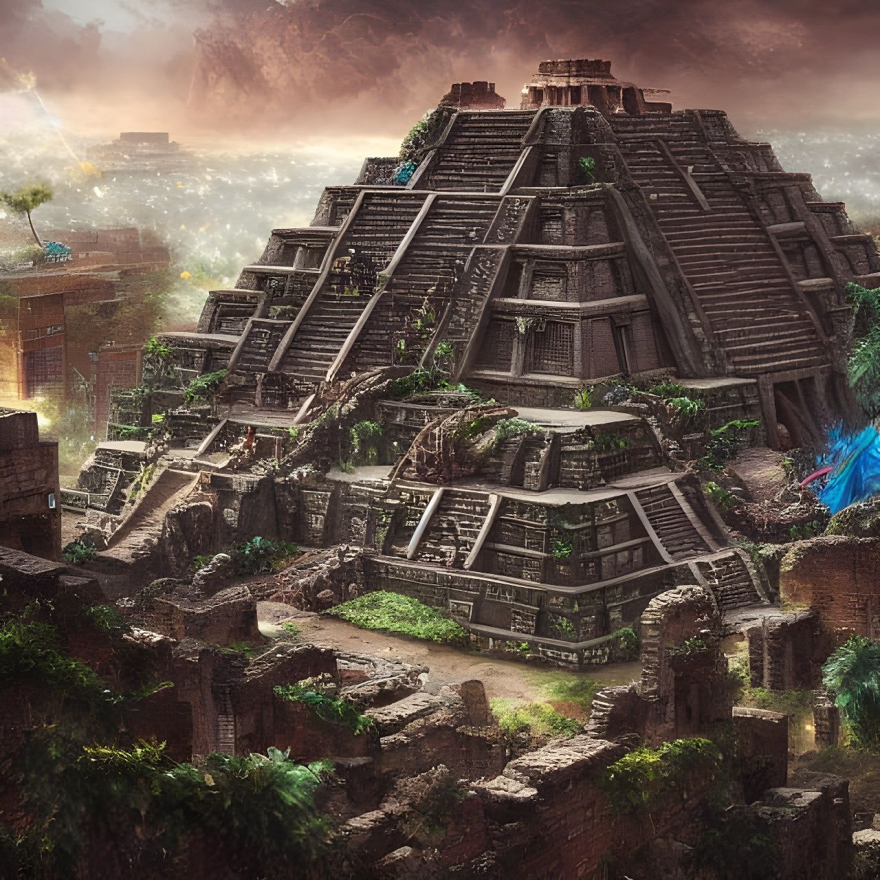 Quetzalcoatl and Tlaloc over Aztec Mayan Ruins