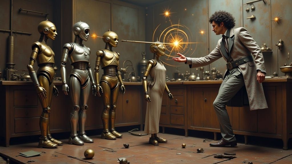 Magician Hypnotizes Robots in Oil Painting Style