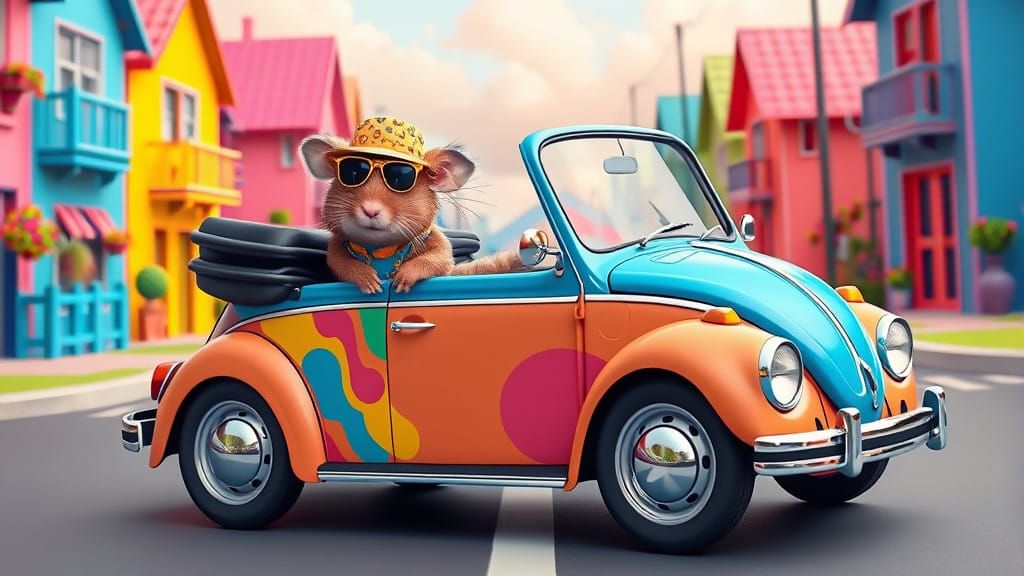 Vibrant Pop Art Scene with a Hamster in a Hippie VW Beetle