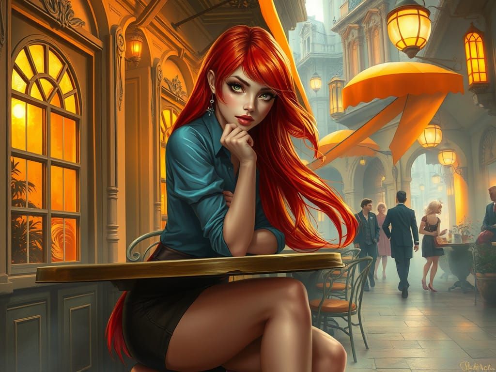 Elegant Fantasy Café Scene with Glowing Ambiance