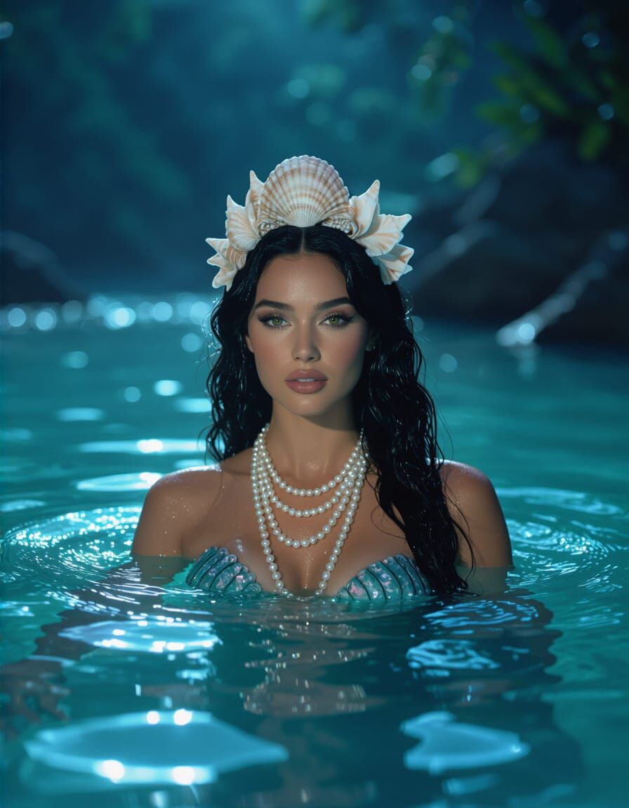 Moonlit Mermaid Emerging in Tropical Waters: Cinematic Photo...