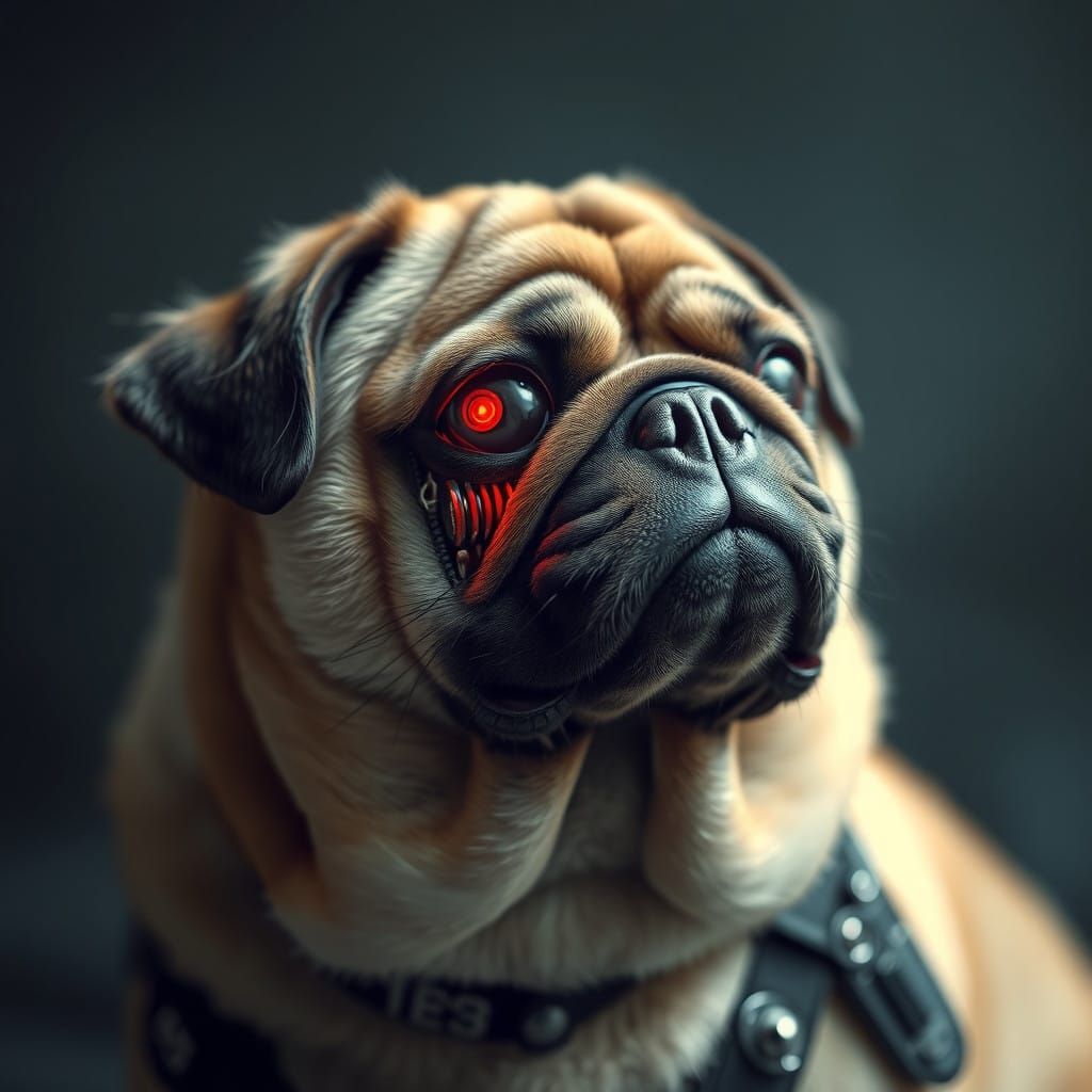 Cyborg Pug in Futuristic Borg Implant Regalia
