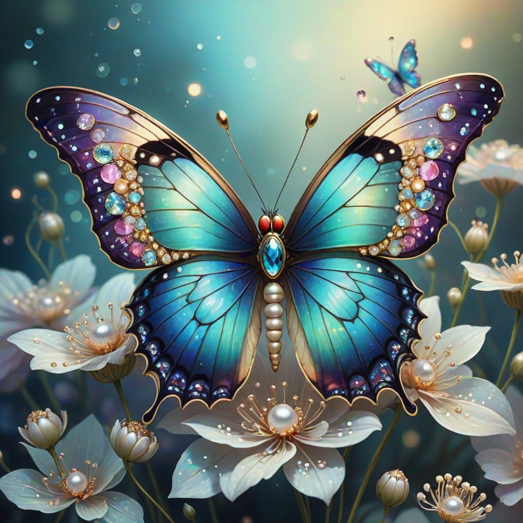 Jewel-Encrusted Butterfly on Glowing Flower