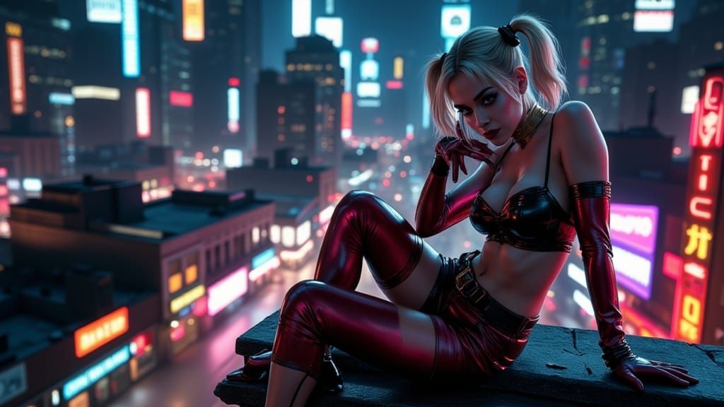 Harley Quinn on Rooftop Overlooking Neon Gotham City