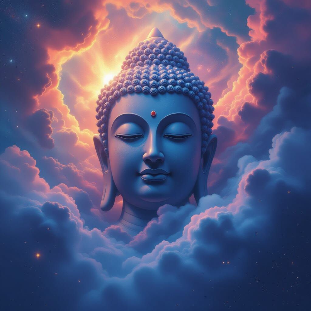 Buddha Face in Swirling Galaxy, Dreamlike Digital Art