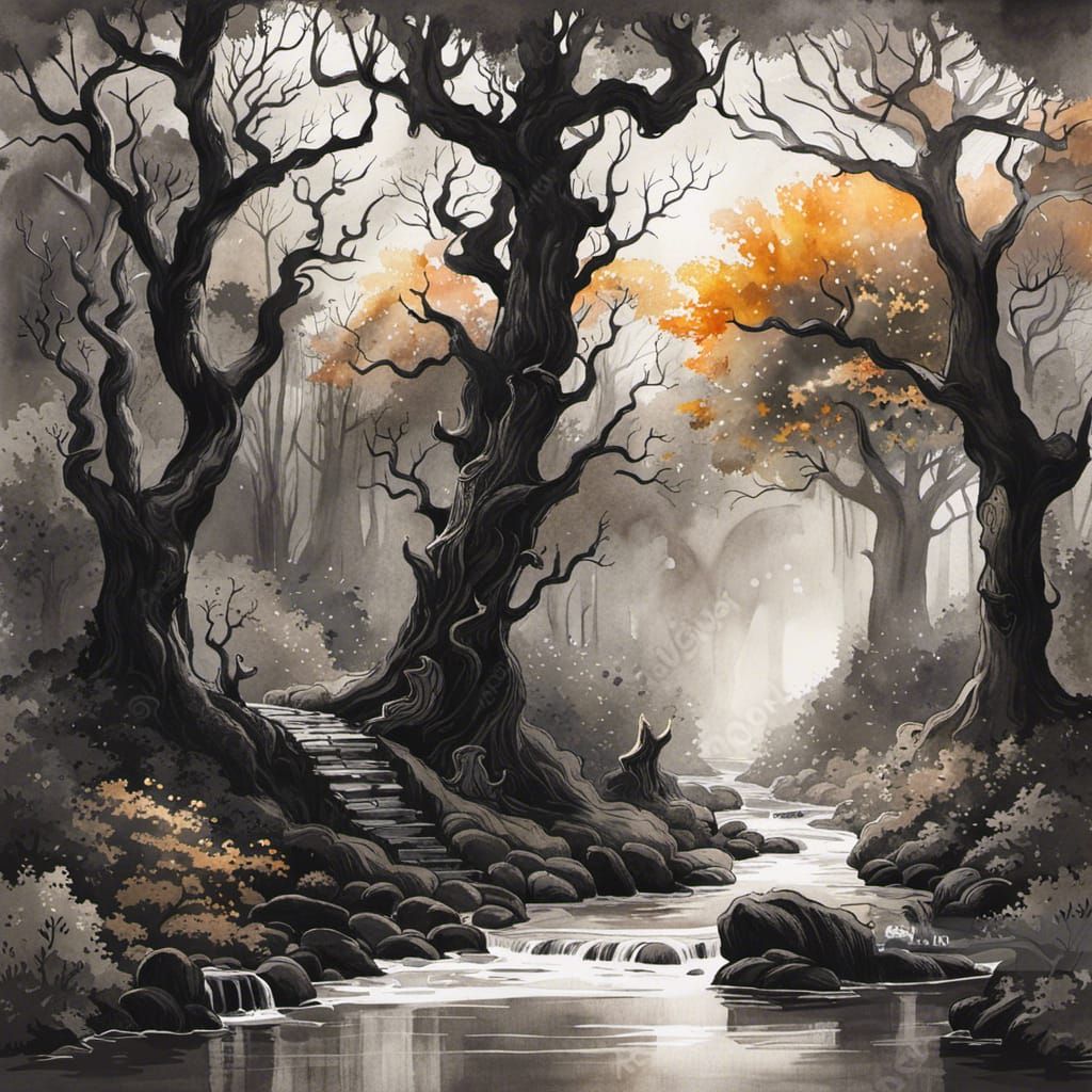 Amber Monochrome Magical Forest in Watercolour Style