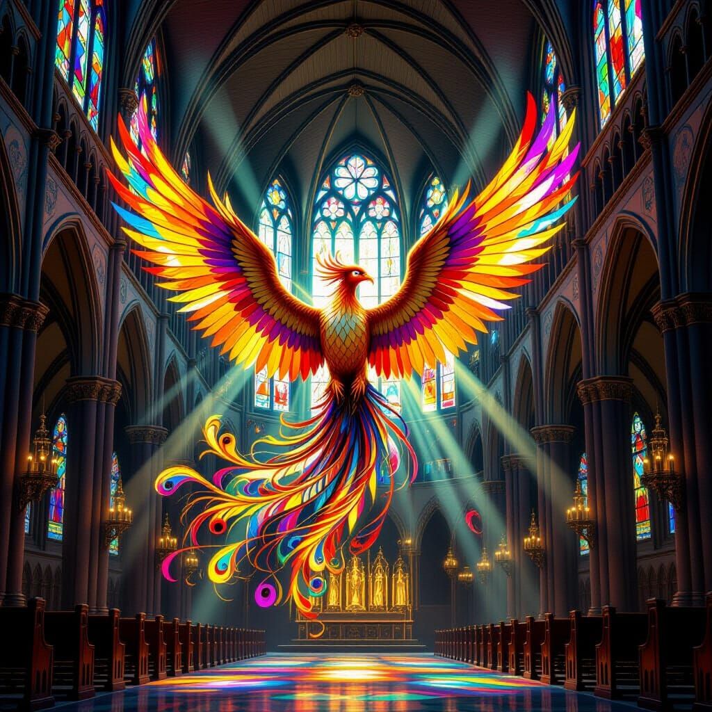 Stained-Glass Phoenix Soars Through Gothic Cathedral