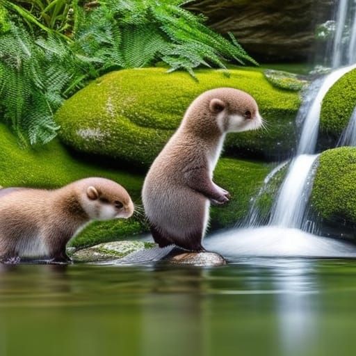 Fluffy Baby Otters in Spring Wonderland: Photorealistic