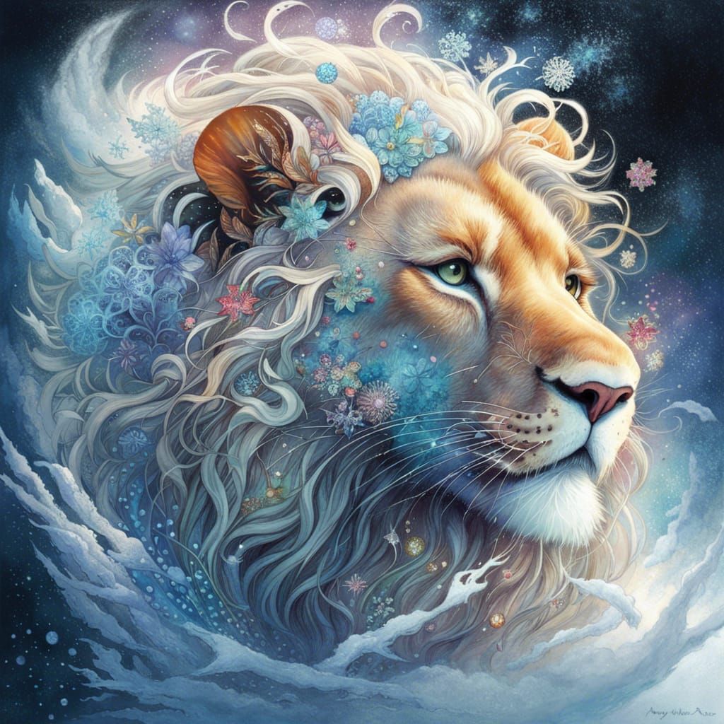 Bioluminescent Fractal Snow Lion in Watercolor Style